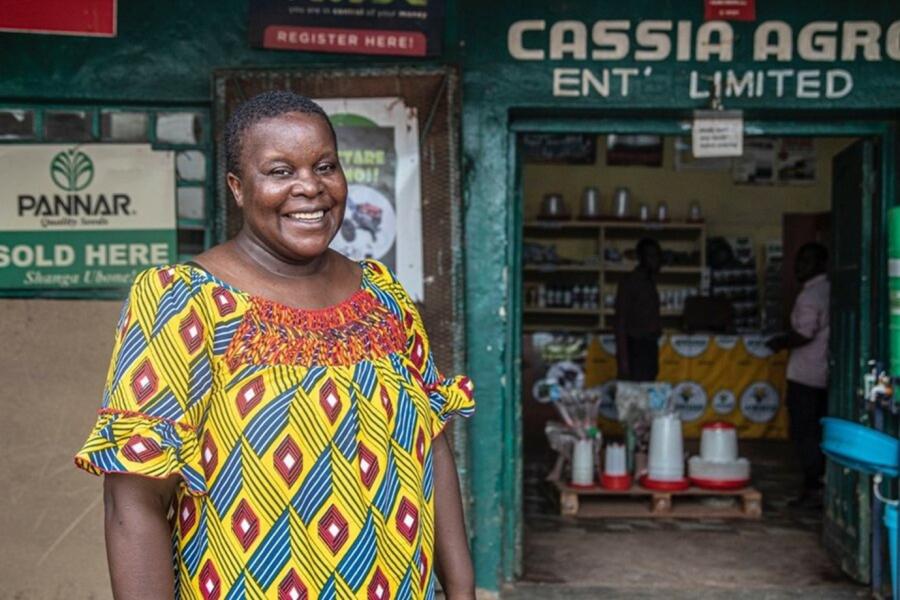 Ederbry Mweendo, Director of Cassia Agro Enterprises, outside her shop in Monze District, Zambia. Photo: WFP/Catherine Zulu