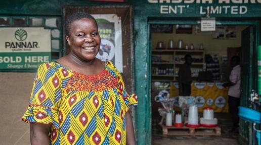 Ederbry Mweendo, Director of Cassia Agro Enterprises, outside her shop in Monze District, Zambia. Photo: WFP/Catherine Zulu